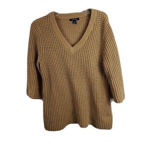 Lands End Sweater Womens sm Tan Cotton blend 3/4Sleeve Knit V Neck Pullover